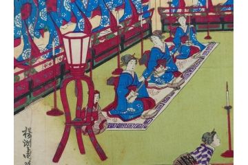 真作　揚州周延 「伊勢古市踊之図」　豊原国周筆 「潤色三十六花撰」　勝川春章画　版画3枚セット(絵画、木版画、多色摺り、久保丁亀鶴や米吉、着物、芸者、美人画、舞踊、屋形船)(R-079254)