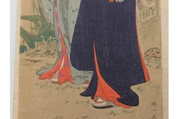 真作　揚州周延 「伊勢古市踊之図」　豊原国周筆 「潤色三十六花撰」　勝川春章画　版画3枚セット(絵画、木版画、多色摺り、久保丁亀鶴や米吉、着物、芸者、美人画、舞踊、屋形船)(R-079254)