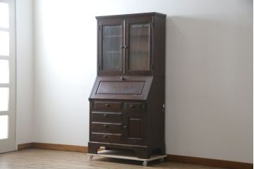 中古　北海道民芸家具　収納に便利な本棚付き!!　シックなビューローブックケース(ライティングビューロー、簿記机、引き出し、ブックシェルフ、本棚、飾り棚、収納棚、ワークデスク、在宅ワーク、在宅用)(定価約50万円)(R-079263)
