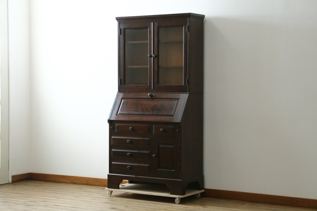 中古　北海道民芸家具　収納に便利な本棚付き!!シックなビューローブックケース　定価約50万円　(R-079263)