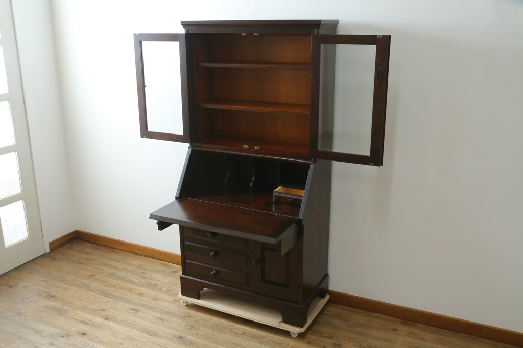 中古　北海道民芸家具　収納に便利な本棚付き!!シックなビューローブックケース　定価約50万円　(R-079263)