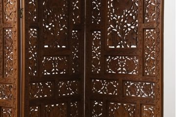 アジアンビンテージ　チーク材　お部屋に華やかな印象をプラスしてくれる総彫りの4連衝立て(パーテーション、間仕切り、衝い立て、つい立て、店舗什器、ヴィンテージ)(R-079270)
