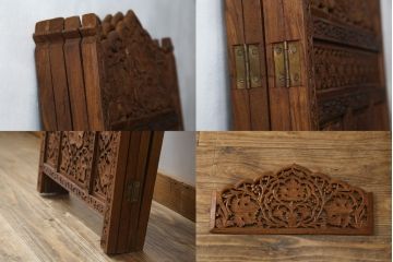 アジアンビンテージ　チーク材　お部屋に華やかな印象をプラスしてくれる総彫りの4連衝立て(パーテーション、間仕切り、衝い立て、つい立て、店舗什器、ヴィンテージ)(R-079270)