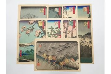 浮世絵師 歌川広重　東海道五拾三次之内 「庄野白雨」　名所江戸百景 「廓中東雲」「亀戸梅屋舗」「隅田川水神の森真崎」「上野清水堂不忍池」「亀戸天神境内」「増上寺塔赤羽根」「王子装束ゑの木大晦日の狐火」「真乳山山谷堀夜景」　版画9枚セット(絵画、木版画、多色摺り、浮世絵、人物、風景、鳥、花、藤、桜、雨、雪、寺社仏閣、橋)(R-079287)