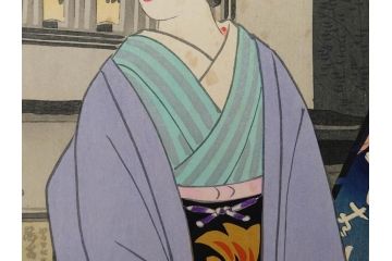 真作　昭和36年春作　神保朋世　「雨」　版画(絵画、木版画、多色摺り、彫師 佐藤寿録吉、摺師 猪村正之助、番傘、和傘、美人画、着物、女性、落款)(R-079292)