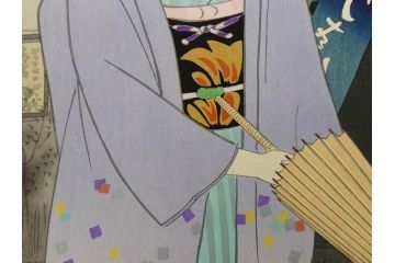 真作　昭和36年春作　神保朋世　「雨」　版画(絵画、木版画、多色摺り、彫師 佐藤寿録吉、摺師 猪村正之助、番傘、和傘、美人画、着物、女性、落款)(R-079292)