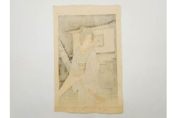 真作　昭和36年春作　神保朋世　「雨」　版画(絵画、木版画、多色摺り、彫師 佐藤寿録吉、摺師 猪村正之助、番傘、和傘、美人画、着物、女性、落款)(R-079292)