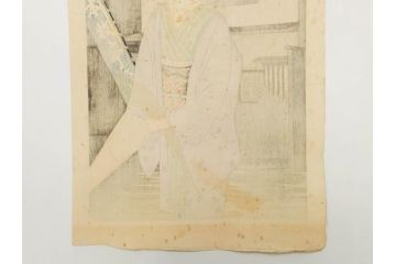 真作　昭和36年春作　神保朋世　「雨」　版画(絵画、木版画、多色摺り、彫師 佐藤寿録吉、摺師 猪村正之助、番傘、和傘、美人画、着物、女性、落款)(R-079292)