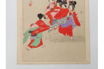 真作　明治29年2月・3月　宮川春汀　子供風俗　版画10枚セット(木版画、錦絵、浮世絵、絵画、多色摺り、羽子、羽根つき、手毬、毬つき、野遊、物請、盲鬼、目隠し鬼、茶乃湯、茶道、汐干狩り、手踊、舞踊、折り紙、おりがみ、子とり姥)(R-079295)