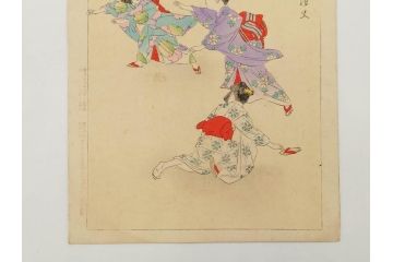 真作　明治29年6月　宮川春汀　子供風俗　版画8枚セット(木版画、錦絵、浮世絵、絵画、多色摺り、地獄極楽、千手観音、ごみかくし、瓢箪ぼっくり、ままごと、淀の川瀬)(R-079296)