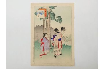 真作　明治29年6月　宮川春汀　子供風俗　版画8枚セット(木版画、錦絵、浮世絵、絵画、多色摺り、地獄極楽、千手観音、ごみかくし、瓢箪ぼっくり、ままごと、淀の川瀬)(R-079296)