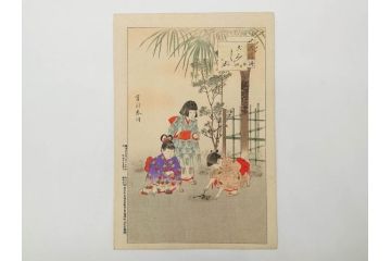 真作　明治29年6月　宮川春汀　子供風俗　版画8枚セット(木版画、錦絵、浮世絵、絵画、多色摺り、地獄極楽、千手観音、ごみかくし、瓢箪ぼっくり、ままごと、淀の川瀬)(R-079296)