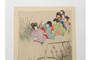 真作　明治29年6月　宮川春汀　子供風俗　版画8枚セット(木版画、錦絵、浮世絵、絵画、多色摺り、地獄極楽、千手観音、ごみかくし、瓢箪ぼっくり、ままごと、淀の川瀬)(R-079296)