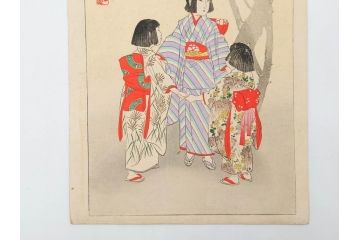 真作　明治29年6月　宮川春汀　子供風俗　版画8枚セット(木版画、錦絵、浮世絵、絵画、多色摺り、地獄極楽、千手観音、ごみかくし、瓢箪ぼっくり、ままごと、淀の川瀬)(R-079296)
