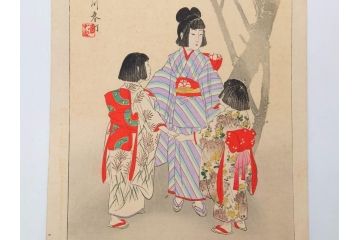真作　明治29年6月　宮川春汀　子供風俗　版画8枚セット(木版画、錦絵、浮世絵、絵画、多色摺り、地獄極楽、千手観音、ごみかくし、瓢箪ぼっくり、ままごと、淀の川瀬)(R-079296)