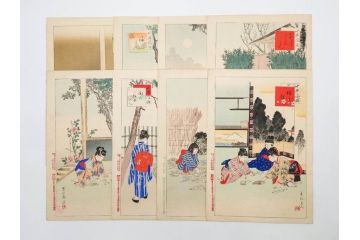 真作　明治29年7月　宮川春汀　子供風俗　版画8枚セット(木版画、錦絵、浮世絵、絵画、多色摺り、坊主起し、花串、向乃叔母さん、おはじき、お山のお山のおこんさん、夕すずみ、編みもの、十六むさし)(R-079297)