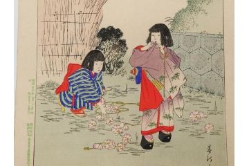 真作　明治29年7月　宮川春汀　子供風俗　版画8枚セット(木版画、錦絵、浮世絵、絵画、多色摺り、坊主起し、花串、向乃叔母さん、おはじき、お山のお山のおこんさん、夕すずみ、編みもの、十六むさし)(R-079297)