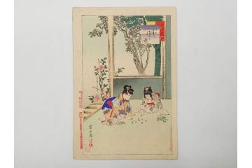 真作　明治29年7月　宮川春汀　子供風俗　版画8枚セット(木版画、錦絵、浮世絵、絵画、多色摺り、坊主起し、花串、向乃叔母さん、おはじき、お山のお山のおこんさん、夕すずみ、編みもの、十六むさし)(R-079297)