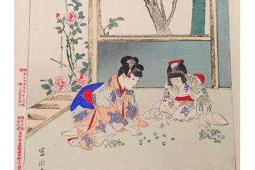 真作　明治29年7月　宮川春汀　子供風俗　版画8枚セット(木版画、錦絵、浮世絵、絵画、多色摺り、坊主起し、花串、向乃叔母さん、おはじき、お山のお山のおこんさん、夕すずみ、編みもの、十六むさし)(R-079297)