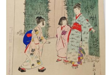 真作　明治29年7月　宮川春汀　子供風俗　版画8枚セット(木版画、錦絵、浮世絵、絵画、多色摺り、坊主起し、花串、向乃叔母さん、おはじき、お山のお山のおこんさん、夕すずみ、編みもの、十六むさし)(R-079297)