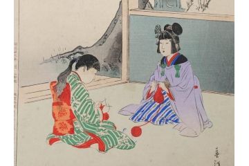真作　明治29年7月　宮川春汀　子供風俗　版画8枚セット(木版画、錦絵、浮世絵、絵画、多色摺り、坊主起し、花串、向乃叔母さん、おはじき、お山のお山のおこんさん、夕すずみ、編みもの、十六むさし)(R-079297)