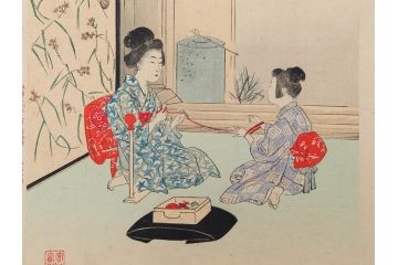 真作　明治29年・30年　宮川春汀　子供風俗　版画8枚セット(木版画、錦絵、浮世絵、絵画、多色摺り、いとかけ、犬あそび、せんこはなび、線香花火、あねさま、おしりの用心、戦ごっこ、たがまわし、たけうま、竹馬)(R-079298)