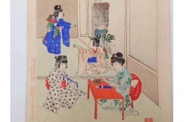 真作　明治29年・30年　宮川春汀　子供風俗　版画8枚セット(木版画、錦絵、浮世絵、絵画、多色摺り、いとかけ、犬あそび、せんこはなび、線香花火、あねさま、おしりの用心、戦ごっこ、たがまわし、たけうま、竹馬)(R-079298)