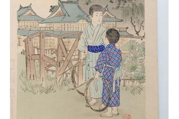 真作　明治29年・30年　宮川春汀　子供風俗　版画8枚セット(木版画、錦絵、浮世絵、絵画、多色摺り、いとかけ、犬あそび、せんこはなび、線香花火、あねさま、おしりの用心、戦ごっこ、たがまわし、たけうま、竹馬)(R-079298)