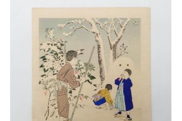 真作　明治29年・30年　宮川春汀　子供風俗　版画8枚セット(木版画、錦絵、浮世絵、絵画、多色摺り、いとかけ、犬あそび、せんこはなび、線香花火、あねさま、おしりの用心、戦ごっこ、たがまわし、たけうま、竹馬)(R-079298)