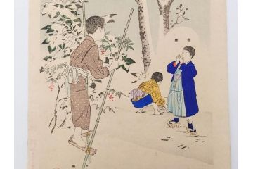 真作　明治29年・30年　宮川春汀　子供風俗　版画8枚セット(木版画、錦絵、浮世絵、絵画、多色摺り、いとかけ、犬あそび、せんこはなび、線香花火、あねさま、おしりの用心、戦ごっこ、たがまわし、たけうま、竹馬)(R-079298)