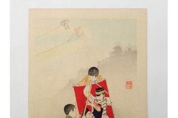 明治30年　宮川春汀　子供風俗　版画7枚セット(木版画、錦絵、浮世絵、絵画、多色摺り、ちんちんもがもが、凧揚げ、たこあげ、たまや、ぞうりはきかえへ、投扇興、とうせんきょう、たうせんきやう、かげやとうろくじ、めんこあそび)(R-079299)
