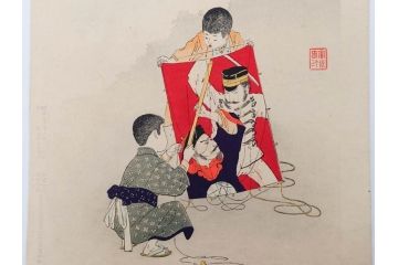 明治30年　宮川春汀　子供風俗　版画7枚セット(木版画、錦絵、浮世絵、絵画、多色摺り、ちんちんもがもが、凧揚げ、たこあげ、たまや、ぞうりはきかえへ、投扇興、とうせんきょう、たうせんきやう、かげやとうろくじ、めんこあそび)(R-079299)