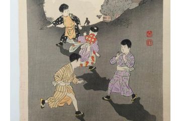 明治30年　宮川春汀　子供風俗　版画7枚セット(木版画、錦絵、浮世絵、絵画、多色摺り、ちんちんもがもが、凧揚げ、たこあげ、たまや、ぞうりはきかえへ、投扇興、とうせんきょう、たうせんきやう、かげやとうろくじ、めんこあそび)(R-079299)