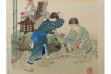 明治30年　宮川春汀　子供風俗　版画7枚セット(木版画、錦絵、浮世絵、絵画、多色摺り、ちんちんもがもが、凧揚げ、たこあげ、たまや、ぞうりはきかえへ、投扇興、とうせんきょう、たうせんきやう、かげやとうろくじ、めんこあそび)(R-079299)