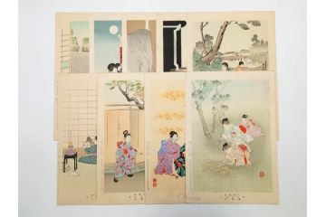 真作　明治30年　宮川春汀　子供風俗　版画9枚セット(木版画、錦絵、浮世絵、絵画、多色摺り、かずひろい、盲案内競争、おにごっこ、影絵遊び、かげえあそび、うをつり、かくれんぼう、動物園、たるみこし、さつき人形、五月人形)(R-079300)