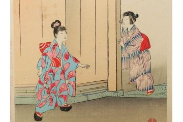 真作　明治30年　宮川春汀　子供風俗　版画9枚セット(木版画、錦絵、浮世絵、絵画、多色摺り、かずひろい、盲案内競争、おにごっこ、影絵遊び、かげえあそび、うをつり、かくれんぼう、動物園、たるみこし、さつき人形、五月人形)(R-079300)