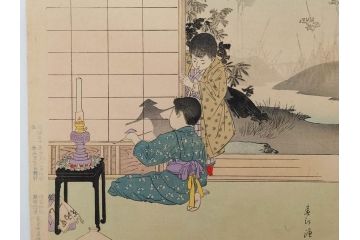 真作　明治30年　宮川春汀　子供風俗　版画9枚セット(木版画、錦絵、浮世絵、絵画、多色摺り、かずひろい、盲案内競争、おにごっこ、影絵遊び、かげえあそび、うをつり、かくれんぼう、動物園、たるみこし、さつき人形、五月人形)(R-079300)