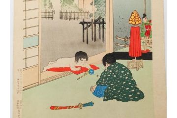 真作　明治30年　宮川春汀　子供風俗　版画9枚セット(木版画、錦絵、浮世絵、絵画、多色摺り、かずひろい、盲案内競争、おにごっこ、影絵遊び、かげえあそび、うをつり、かくれんぼう、動物園、たるみこし、さつき人形、五月人形)(R-079300)