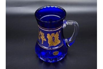 1987年　ベルギー　Val Saint Lambert(ヴァル・サン・ランベール)　キリンビアマグコレクション　コレクターズグラス　金彩　深青に金彩が映える優雅なビアマグ(KIRIN COLLECTORS GLASS、ジョッキ、ケース付き)(R-079314)