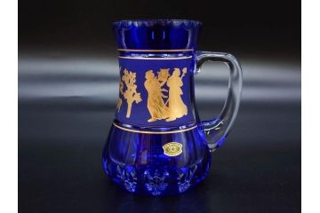 1987年　ベルギー　Val Saint Lambert(ヴァル・サン・ランベール)　キリンビアマグコレクション　コレクターズグラス　金彩　深青に金彩が映える優雅なビアマグ(KIRIN COLLECTORS GLASS、ジョッキ、ケース付き)(R-079314)