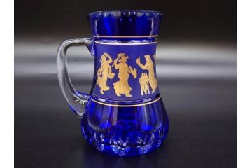 1987年　ベルギー　Val Saint Lambert(ヴァル・サン・ランベール)　キリンビアマグコレクション　コレクターズグラス　金彩　深青に金彩が映える優雅なビアマグ(KIRIN COLLECTORS GLASS、ジョッキ、ケース付き)(R-079314)