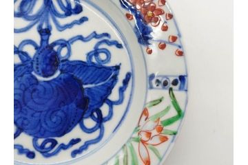 正木春蔵　九谷焼　色絵　約15cm　5寸　食卓を華やかに彩る中皿(葉、ひょうたん、瓢箪、梅、菊、竹、花、植物、和皿、和食器、なます皿、裏印、五寸)(R-079319)