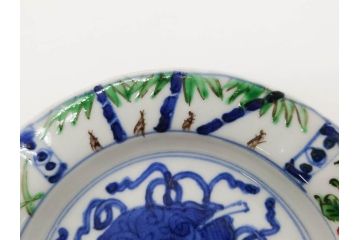 正木春蔵　九谷焼　色絵　約15cm　5寸　食卓を華やかに彩る中皿(葉、ひょうたん、瓢箪、梅、菊、竹、花、植物、和皿、和食器、なます皿、裏印、五寸)(R-079319)