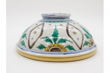 正木春蔵　九谷焼　呉須色絵　染付　約22cm　7.1寸　鮮やかに絵付けされた可愛らしい蓋物(向日葵、ひまわり、花、植物、大平、深鉢、和皿、和食器、七寸一分、裏印、外箱付き)(R-079320)