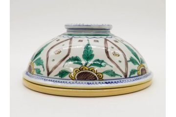 正木春蔵　九谷焼　呉須色絵　染付　約22cm　7.1寸　鮮やかに絵付けされた可愛らしい蓋物(向日葵、ひまわり、花、植物、大平、深鉢、和皿、和食器、七寸一分、裏印、外箱付き)(R-079320)