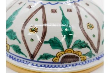 正木春蔵　九谷焼　呉須色絵　染付　約22cm　7.1寸　鮮やかに絵付けされた可愛らしい蓋物(向日葵、ひまわり、花、植物、大平、深鉢、和皿、和食器、七寸一分、裏印、外箱付き)(R-079320)