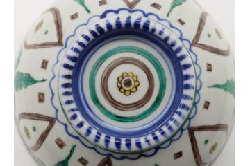 正木春蔵　九谷焼　呉須色絵　染付　約22cm　7.1寸　鮮やかに絵付けされた可愛らしい蓋物(向日葵、ひまわり、花、植物、大平、深鉢、和皿、和食器、七寸一分、裏印、外箱付き)(R-079320)