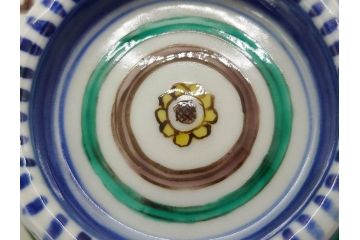 正木春蔵　九谷焼　呉須色絵　染付　約22cm　7.1寸　鮮やかに絵付けされた可愛らしい蓋物(向日葵、ひまわり、花、植物、大平、深鉢、和皿、和食器、七寸一分、裏印、外箱付き)(R-079320)