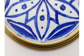 正木春蔵　九谷焼　呉須色絵　染付　約22cm　7.1寸　鮮やかに絵付けされた可愛らしい蓋物(向日葵、ひまわり、花、植物、大平、深鉢、和皿、和食器、七寸一分、裏印、外箱付き)(R-079320)