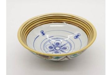 正木春蔵　九谷焼　呉須色絵　染付　約22cm　7.1寸　鮮やかに絵付けされた可愛らしい蓋物(向日葵、ひまわり、花、植物、大平、深鉢、和皿、和食器、七寸一分、裏印、外箱付き)(R-079320)